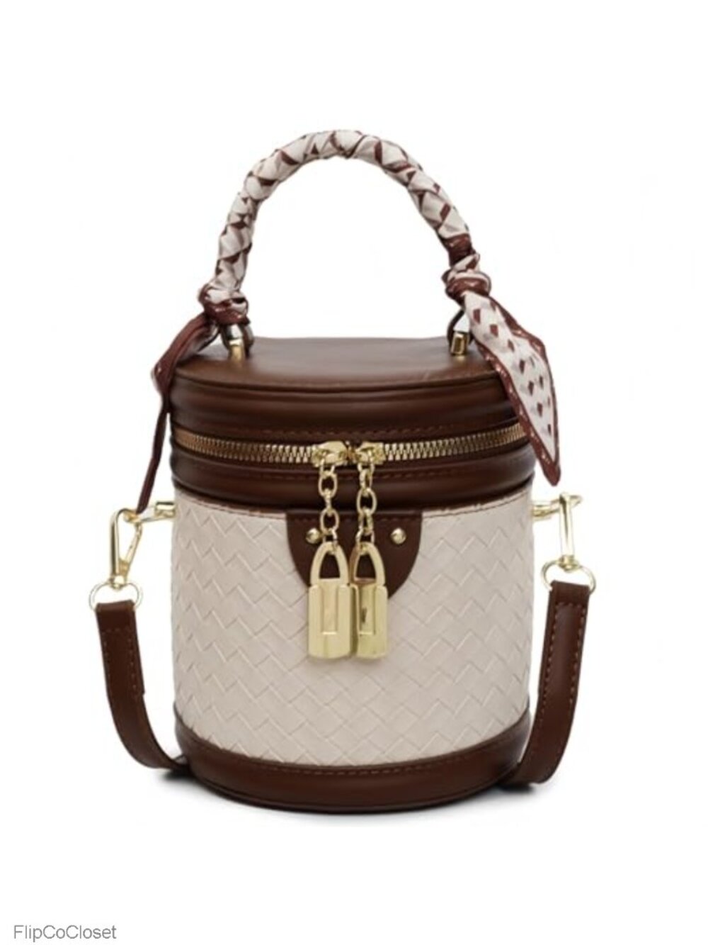 Woven Vegan Leather Mini Bucket Crossbody Bag with Scarf Accent